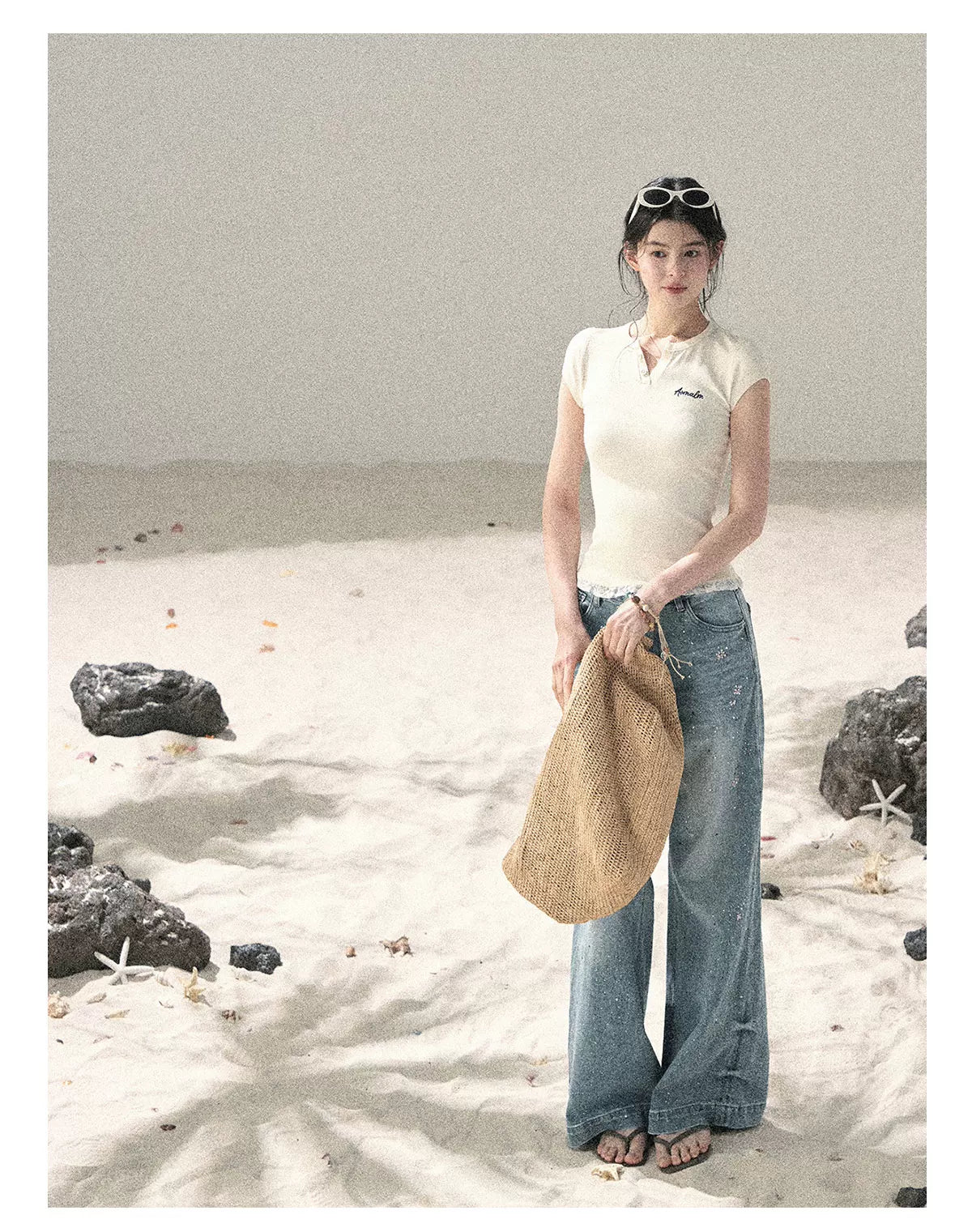 "Letter from the Tides" Cheese White Faux Two-Piece Lace Waist-Fit Crop Top 452436