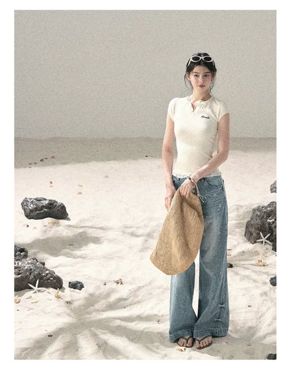 "Letter from the Tides" Cheese White Faux Two-Piece Lace Waist-Fit Crop Top 452436