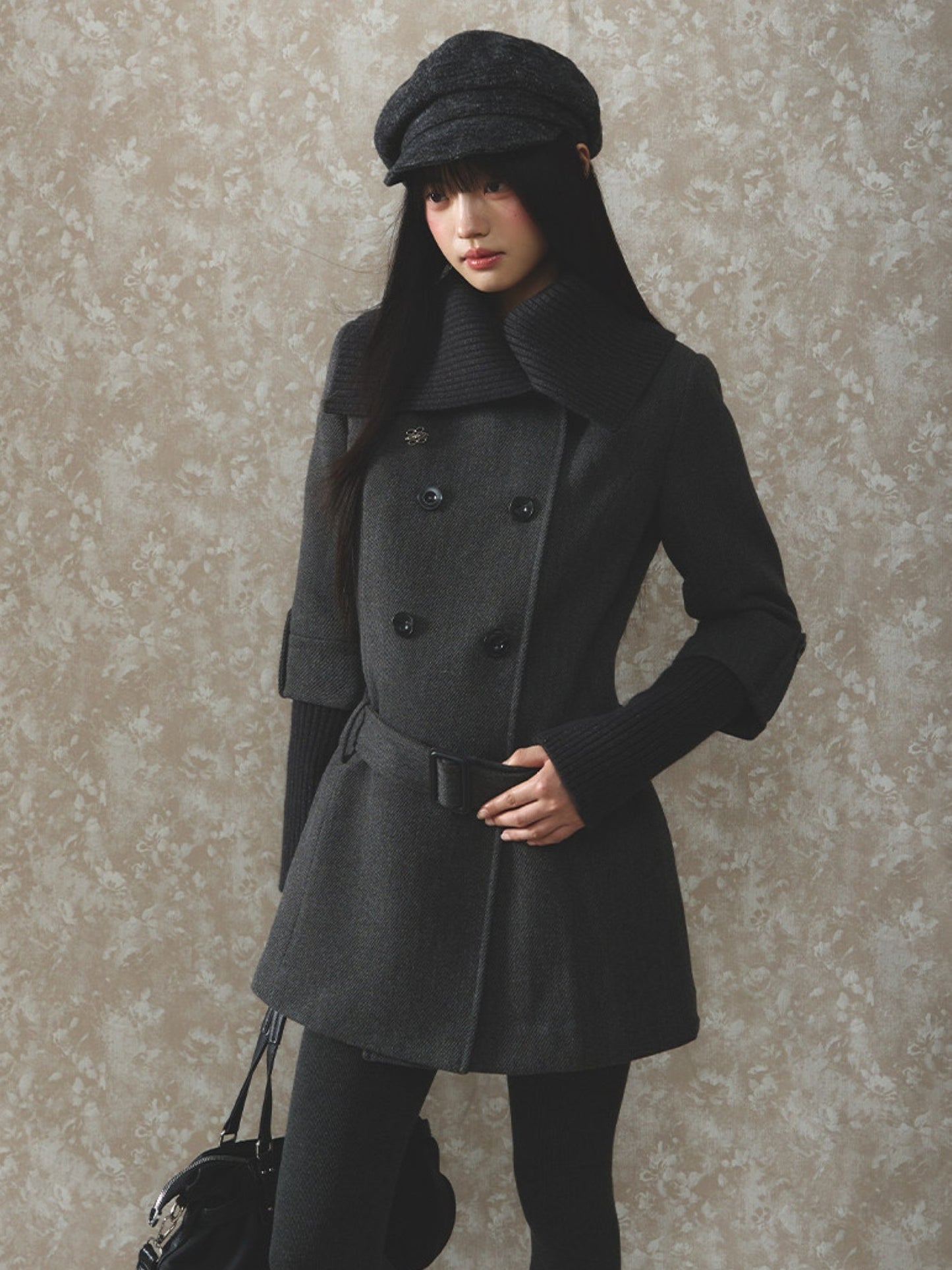 Soote Season - British Deep Gray Knit-Collar Wool-Blend Long Dress