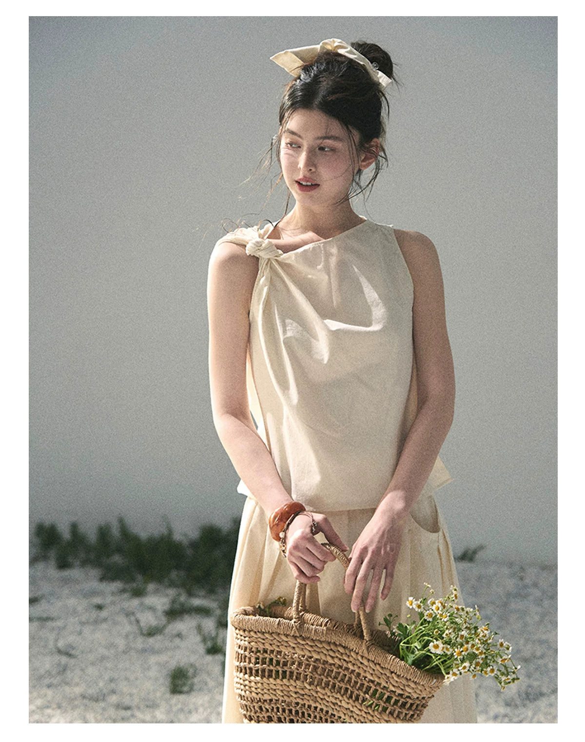 “Ivory Pleated Verse” Soft White Asymmetrical Twist Top & Skirt