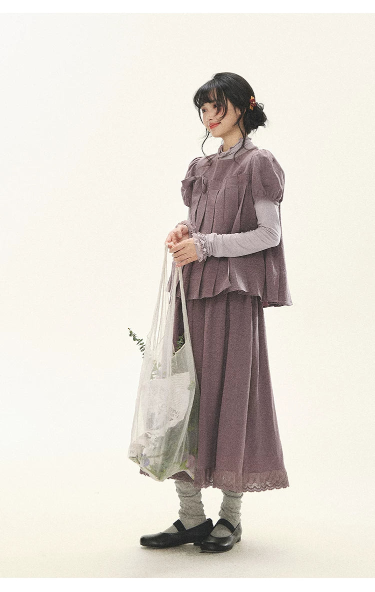 "Whispers Between Pleats" Gray Grape Purple Pleated Top & Maxi Skirt Set
