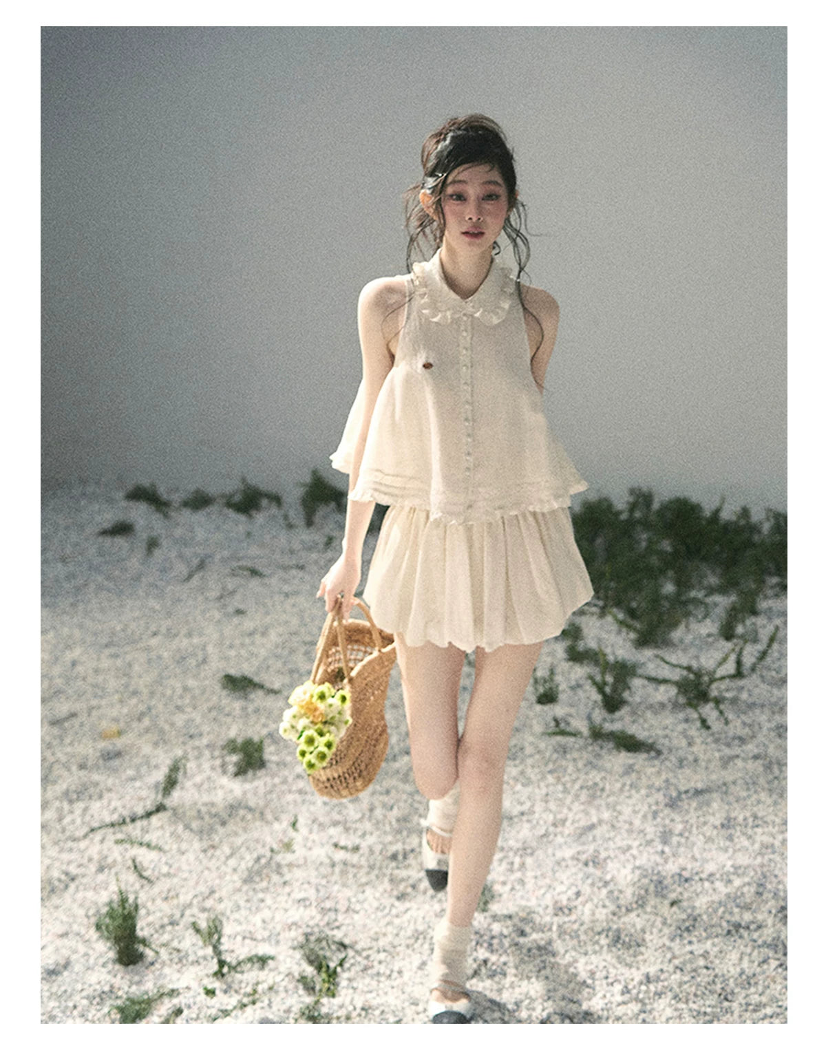 "Soft Cloud Reverie" Dutch Cream Lace Top & Bubble Skirt & Wide-Leg Pants Set 5468465