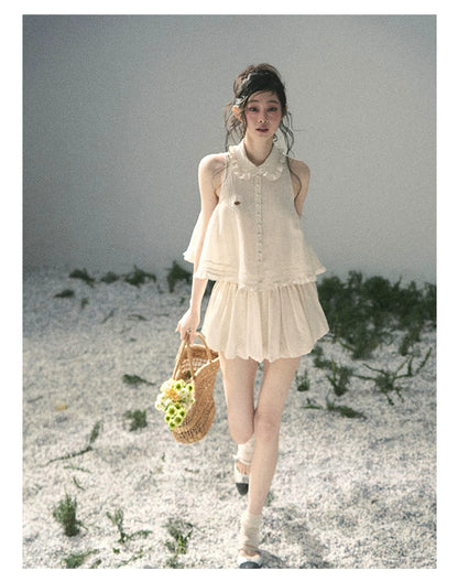 "Soft Cloud Reverie" Dutch Cream Lace Top & Bubble Skirt & Wide-Leg Pants Set 5468465