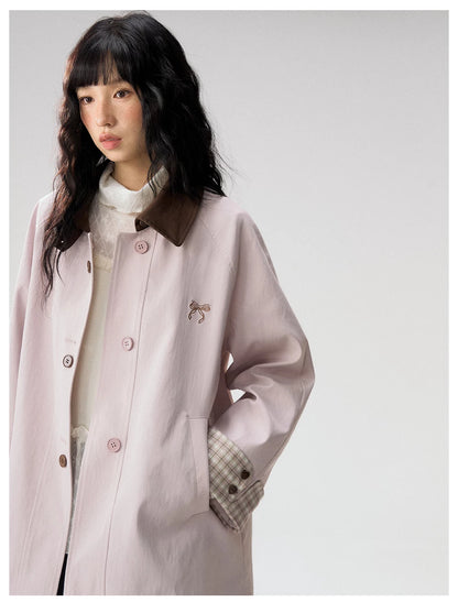 [CAN] Marshmallow & Cookie" Dusty Pink & Brown Plaid Bow Embroidered Trench Coat