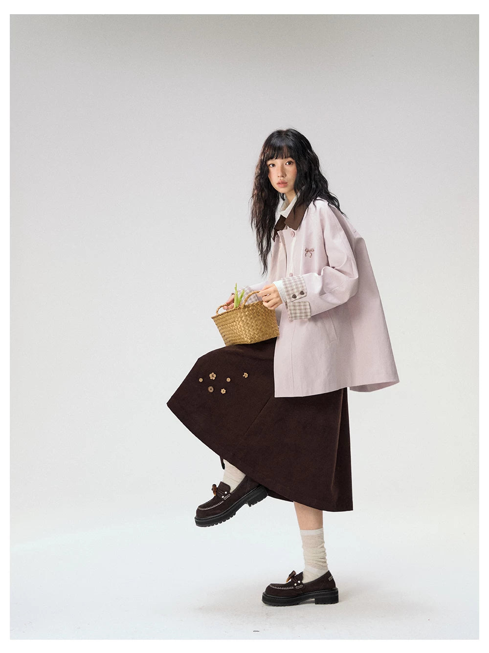 [CAN] Marshmallow & Cookie" Dusty Pink & Brown Plaid Bow Embroidered Trench Coat