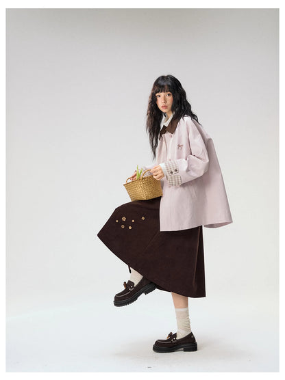 [CAN] Marshmallow & Cookie" Dusty Pink & Brown Plaid Bow Embroidered Trench Coat
