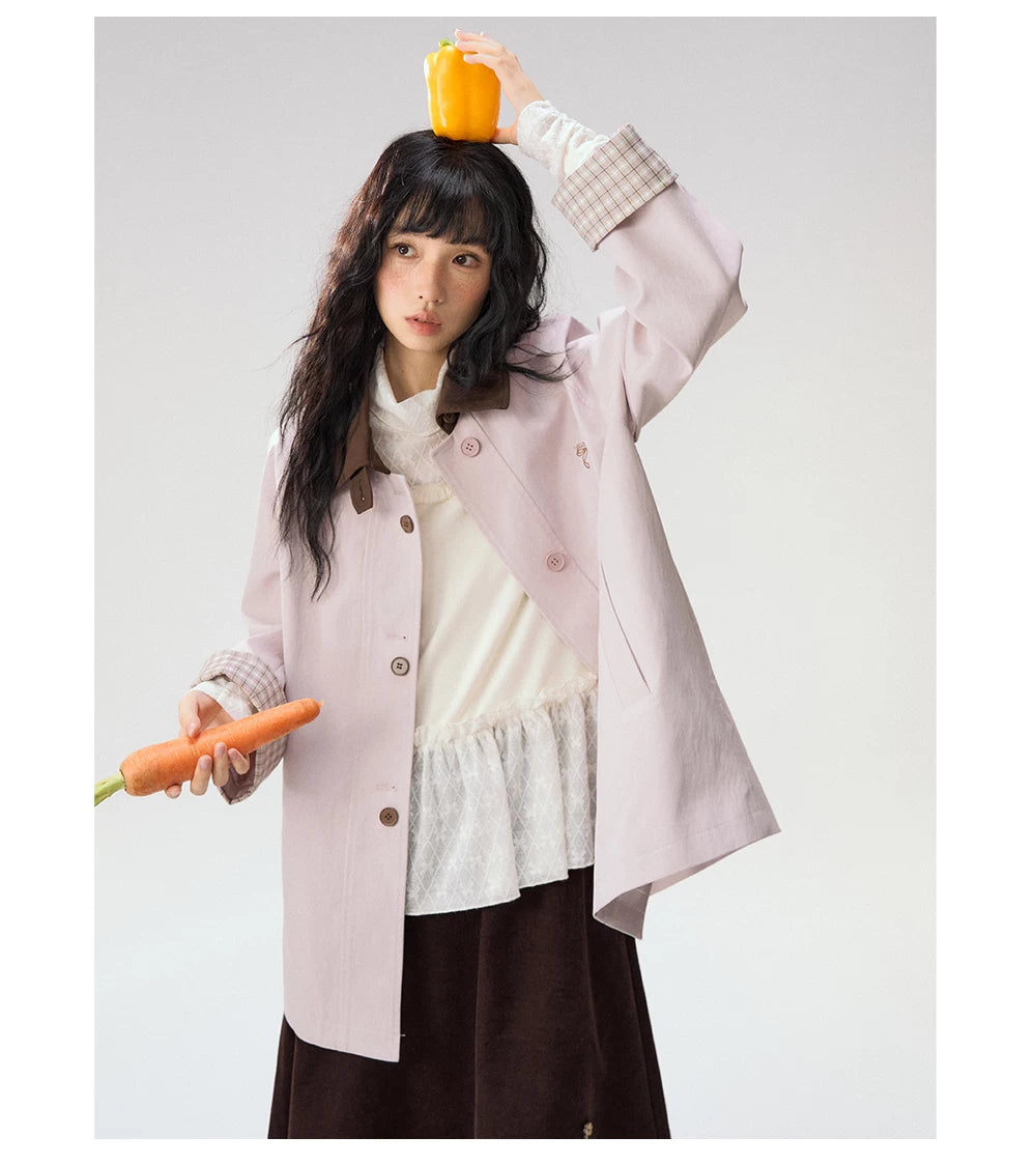 [CAN] Marshmallow & Cookie" Dusty Pink & Brown Plaid Bow Embroidered Trench Coat