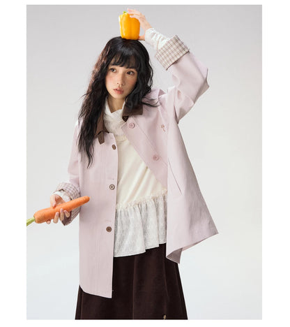 [CAN] Marshmallow & Cookie" Dusty Pink & Brown Plaid Bow Embroidered Trench Coat