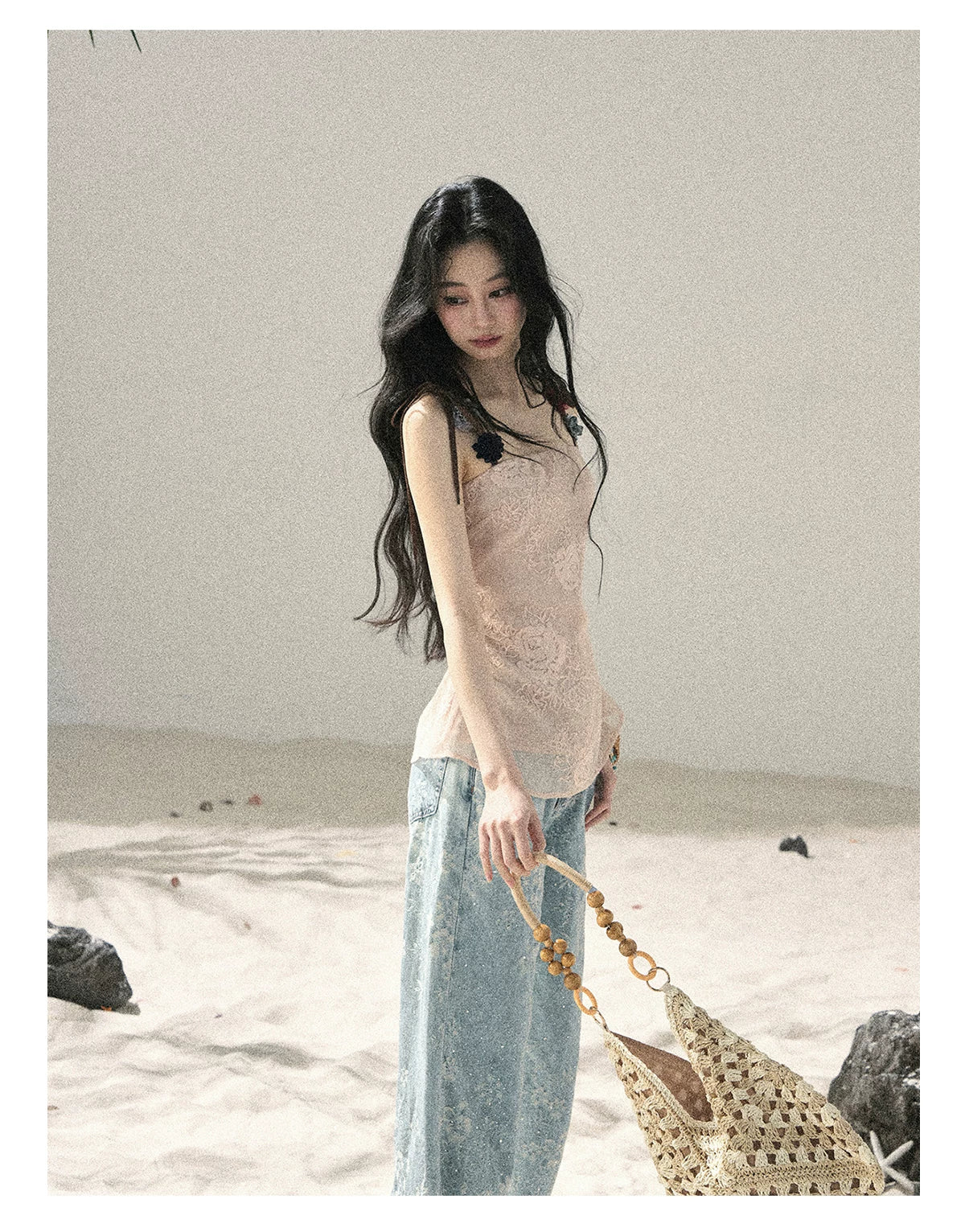 "Twinkling Starlight" Sky Blue Floral Rhinestone Wide-Leg Jeans