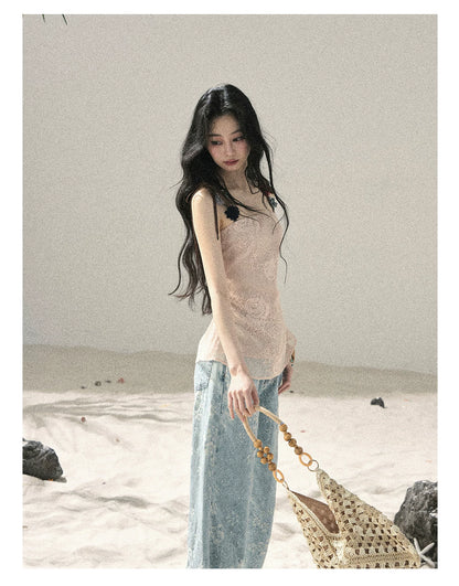 "Begonia in the Evening Breeze" Lotus Pink Embroidered Floral Cami Top