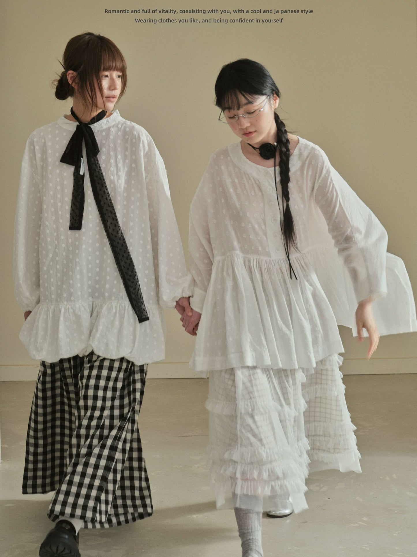 "Soft Polka Whisper" White Long Sleeve Babydoll Midi Dress