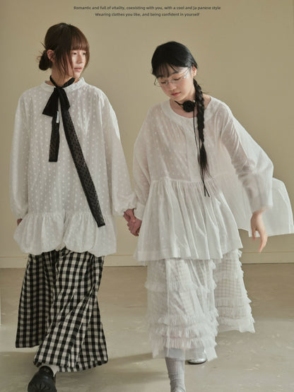 "Soft Polka Whisper" White Long Sleeve Babydoll Midi Dress