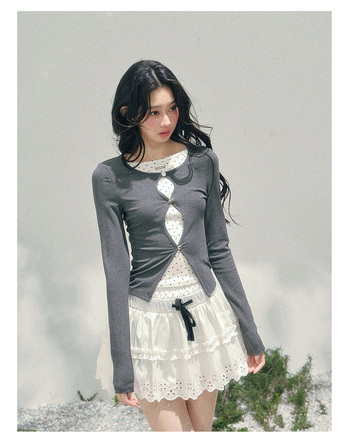 少也眼 "Twilight Pause" Faux Two-Piece Polka Dot T-Shirt in Soft Silver Gray 45234752