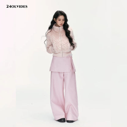 24olvides - Pink Faux Shearling Stand Collar Jacket