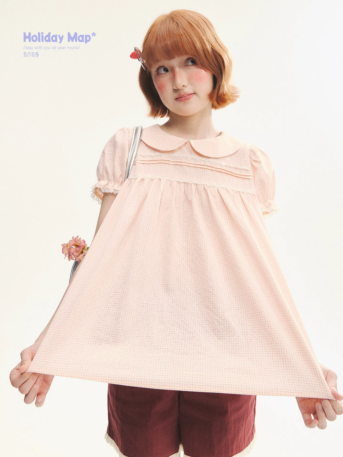 "Sweet Silhouette" Plaid Lace Trim Puff Sleeve Peter Pan Collar Blouse (Red Blue / Red White)