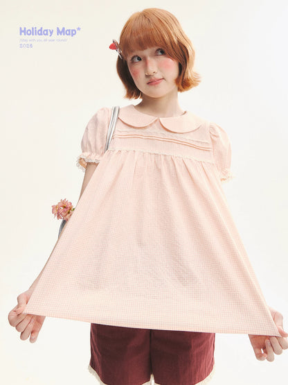 "Sweet Silhouette" Plaid Lace Trim Puff Sleeve Peter Pan Collar Blouse (Red Blue / Red White)