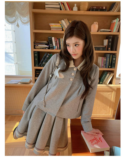 “Misty Academy Reverie” Light Grey Cropped Top & Bubble Mini Skirt
