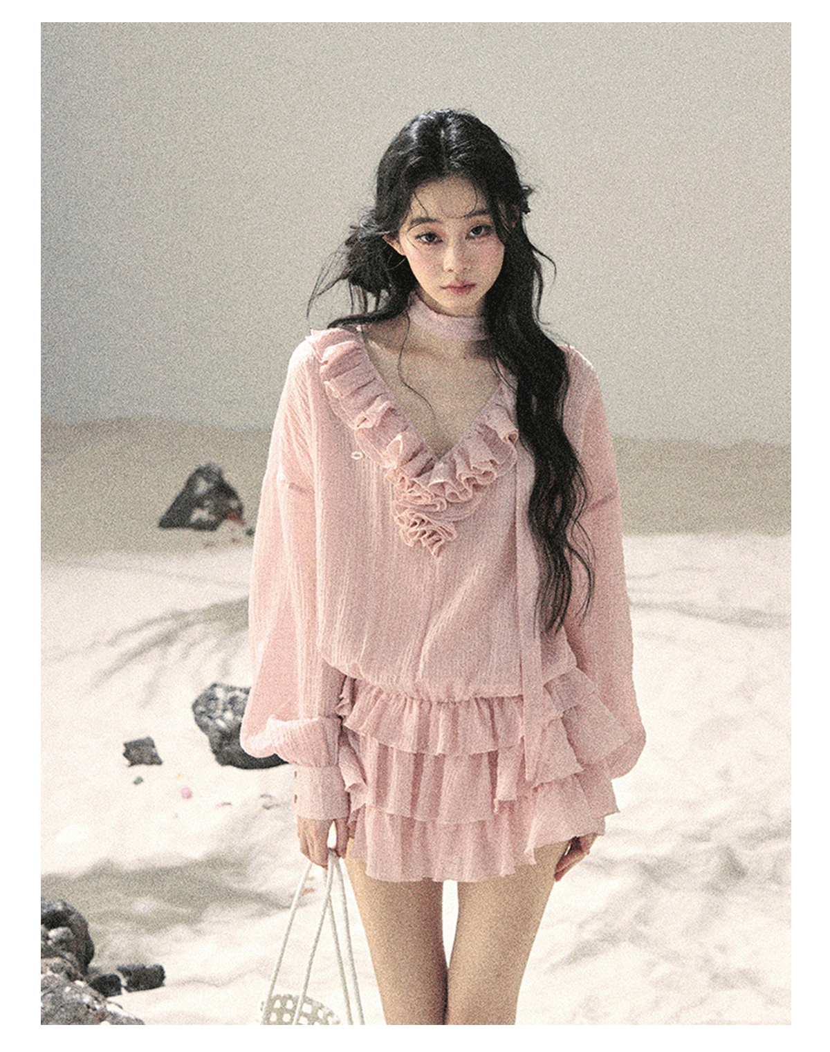 “Evening Breeze Skirt” Lotus Pink Tiered Chiffon Mini Dress with Scarf Tie & Shorts