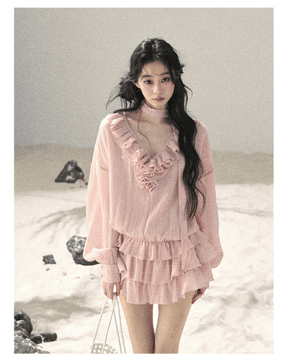 “Evening Breeze Skirt” Lotus Pink Tiered Chiffon Mini Dress with Scarf Tie & Shorts