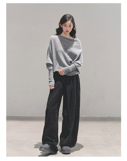 少也眼 “Soft Minimalism” Off-Shoulder Versatile Knit Top - Light Grey 6416515