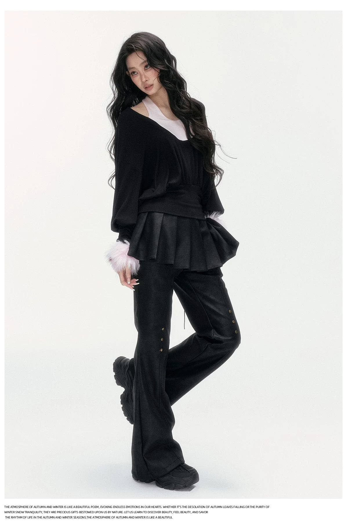 24olvides - Layered-Look U-Neck Sweater with Detachable Faux Fur Cuffs