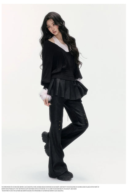 24olvides - Layered-Look U-Neck Sweater with Detachable Faux Fur Cuffs