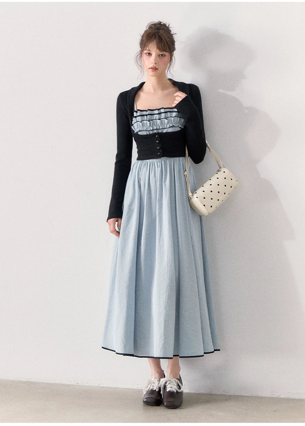 [TMMG] French Vintage Ruffle Dress & Cropped Knit Cardigan Set