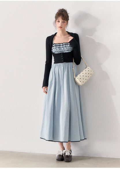 [TMMG] French Vintage Ruffle Dress & Cropped Knit Cardigan Set