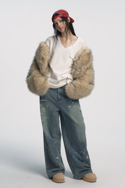 Muirgen - Y2K Mid-Low Rise Paint-Wash Loose Cargo Denim Pants - Paint-Wash Denim