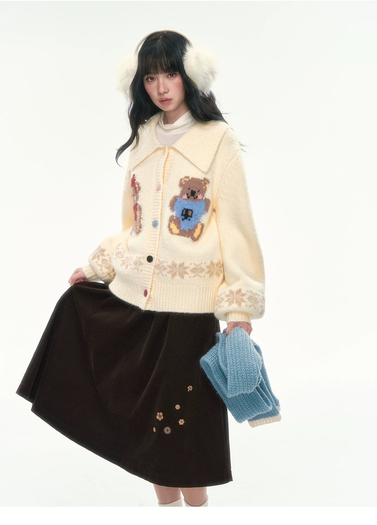 CAN - "Teddy’s Autumn Soirée" Cream White Teddy Bear Fair Isle Jacquard Cardigan