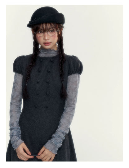 Vintage Double-Breasted Wool Dress & Knit Fringe Cape Set