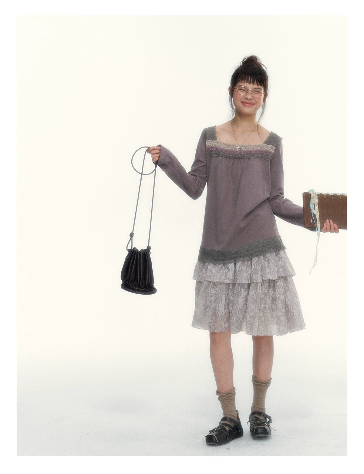 Gray Purple Lace-Trimmed Square-Neck Long-Sleeve T-Shirt