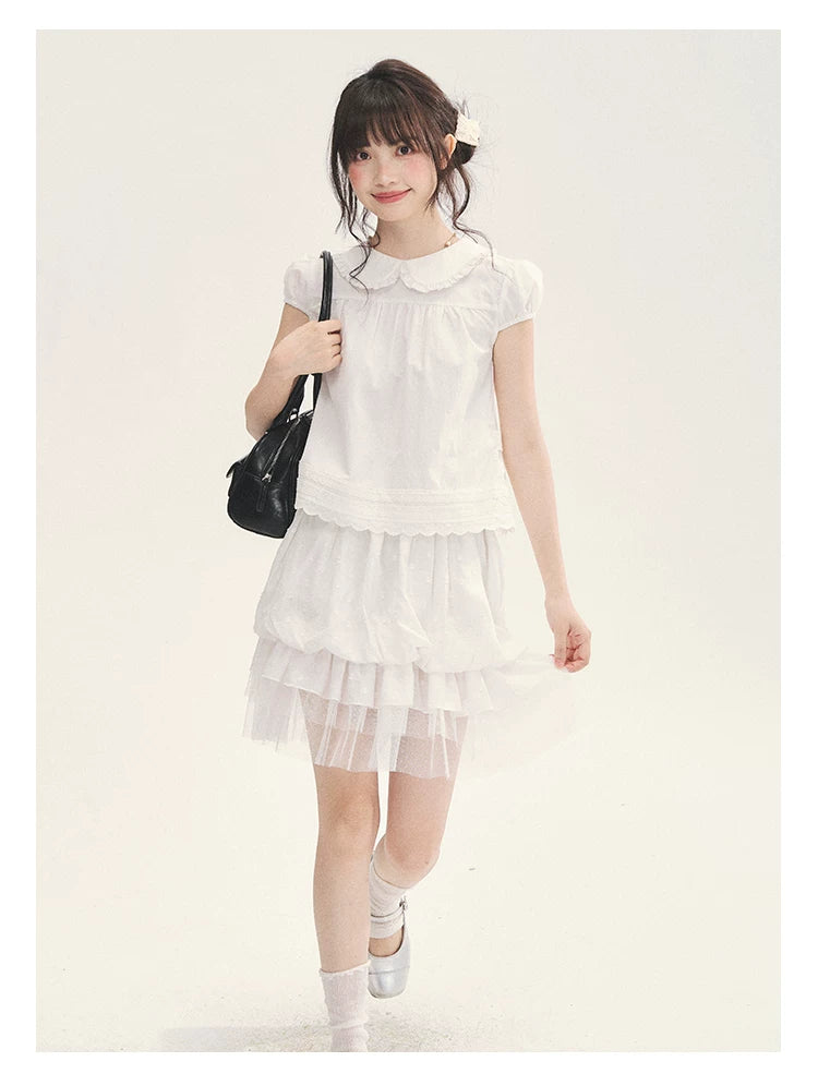 "Black & White Sonata" Polka Dot Mesh Tiered Jellyfish Skirt (White/ Black)