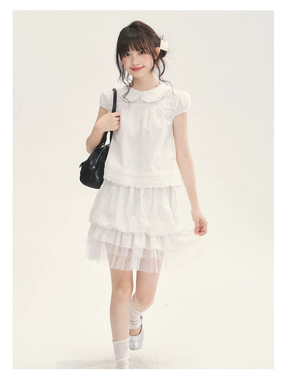 "Cotton Cloud" White Ruffle Collar Puff Sleeve Babydoll Top