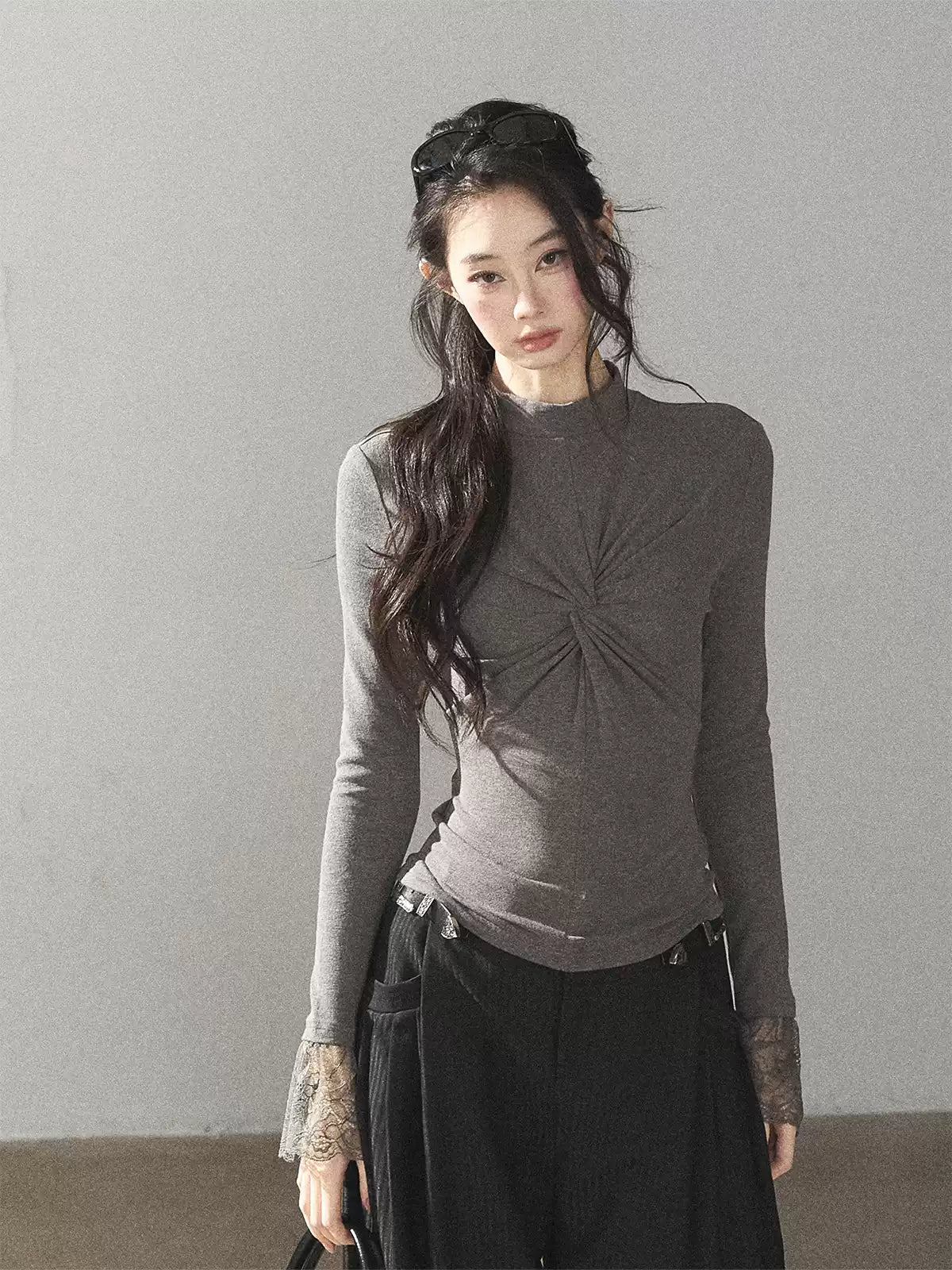 AOMALM - “Pleated Afterglow” Sage Gray Twist-Front Mock Neck Long-Sleeve Top