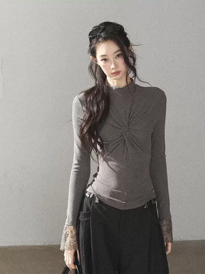 AOMALM - “Pleated Afterglow” Sage Gray Twist-Front Mock Neck Long-Sleeve Top