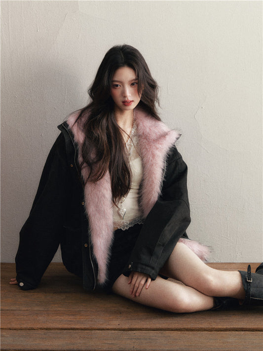 1P - “Kill This Love” Faux Fur-Collar Washed Cotton Padded Jacket