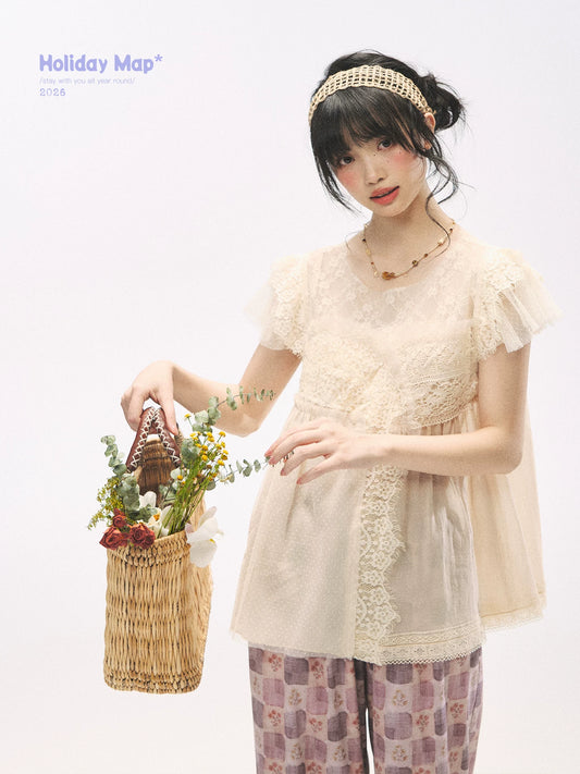 "Apricot Blossom Letter" Oatmeal Lace Patchwork Short Sleeve Blouse
