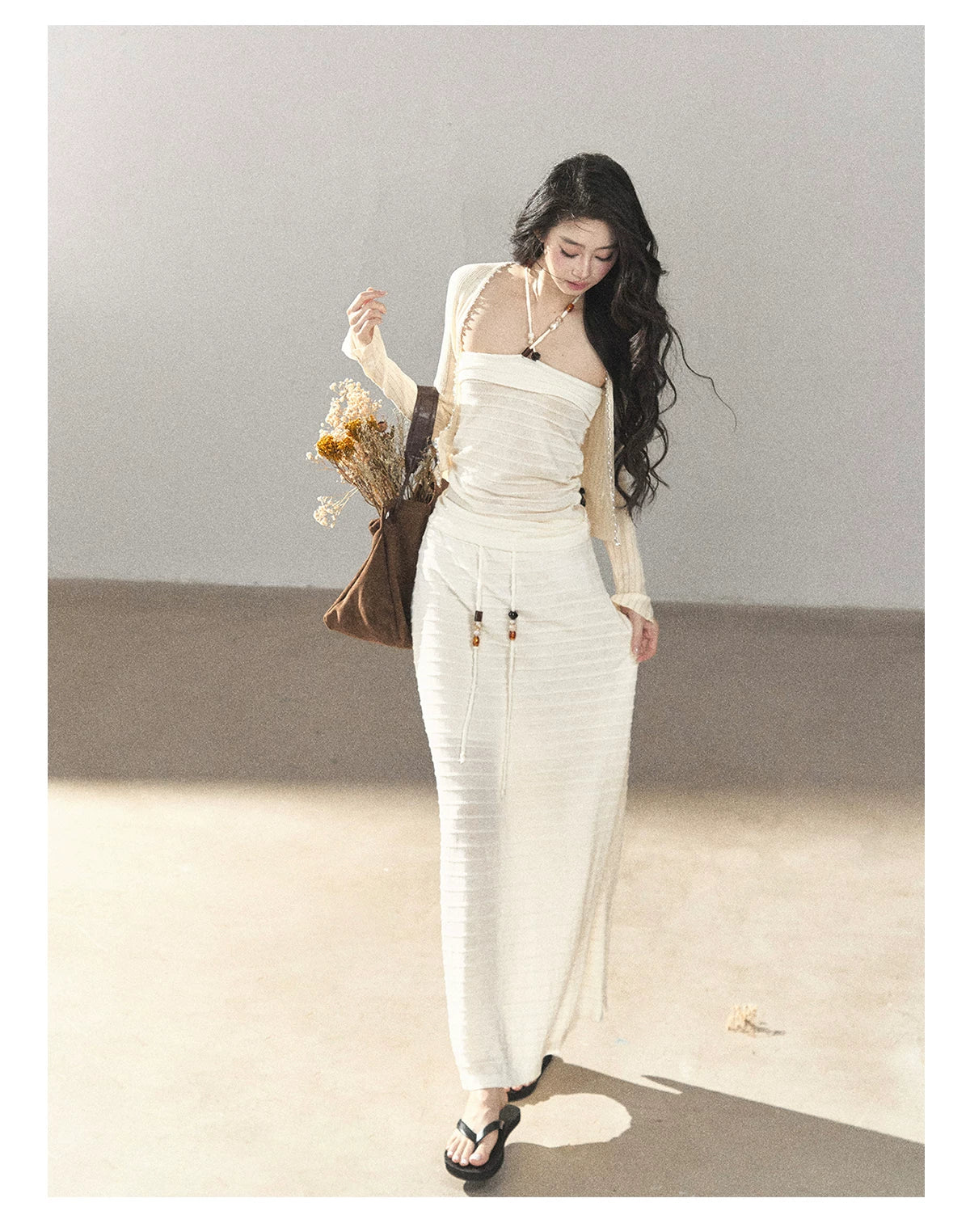 AOMALM - Creamy Ivory Convertible Knit Tube Top & Maxi Skirt Set