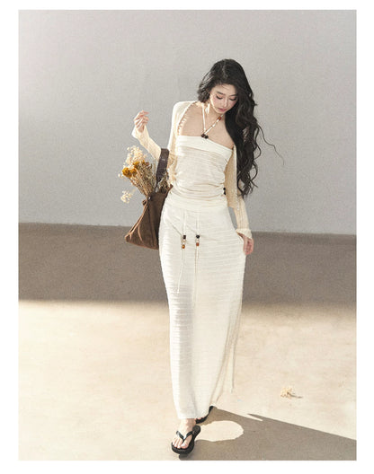 AOMALM - Creamy Ivory Convertible Knit Tube Top & Maxi Skirt Set