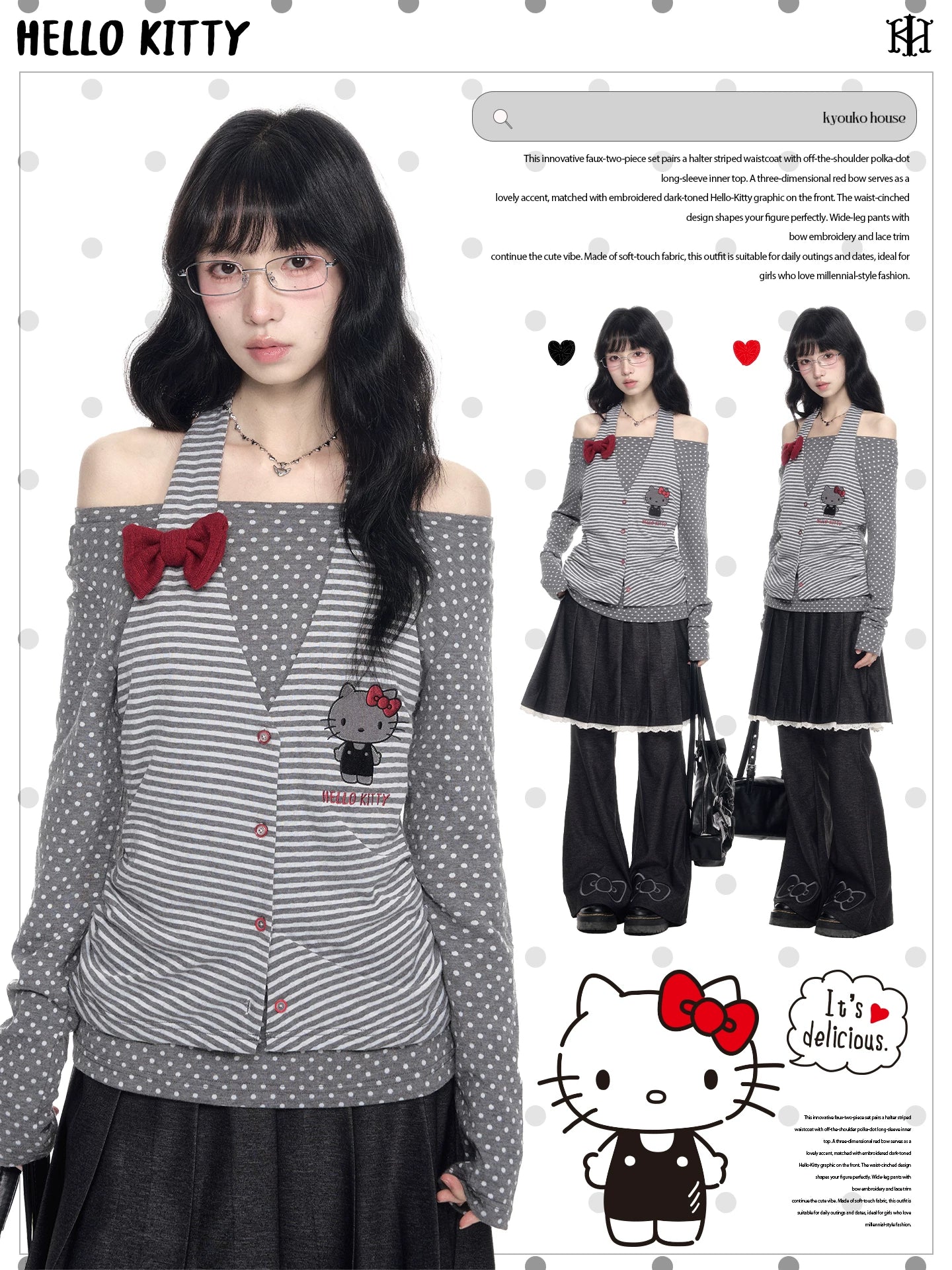 170726K "Midnight Polka" Gray Layered Long Sleeve Collection (Cold Shoulder Top / Fake Two-Piece Skirt Pants)