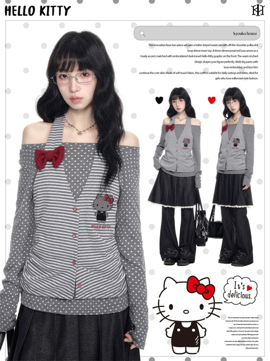 170726K "Midnight Polka" Gray Layered Long Sleeve Collection (Cold Shoulder Top / Fake Two-Piece Skirt Pants)