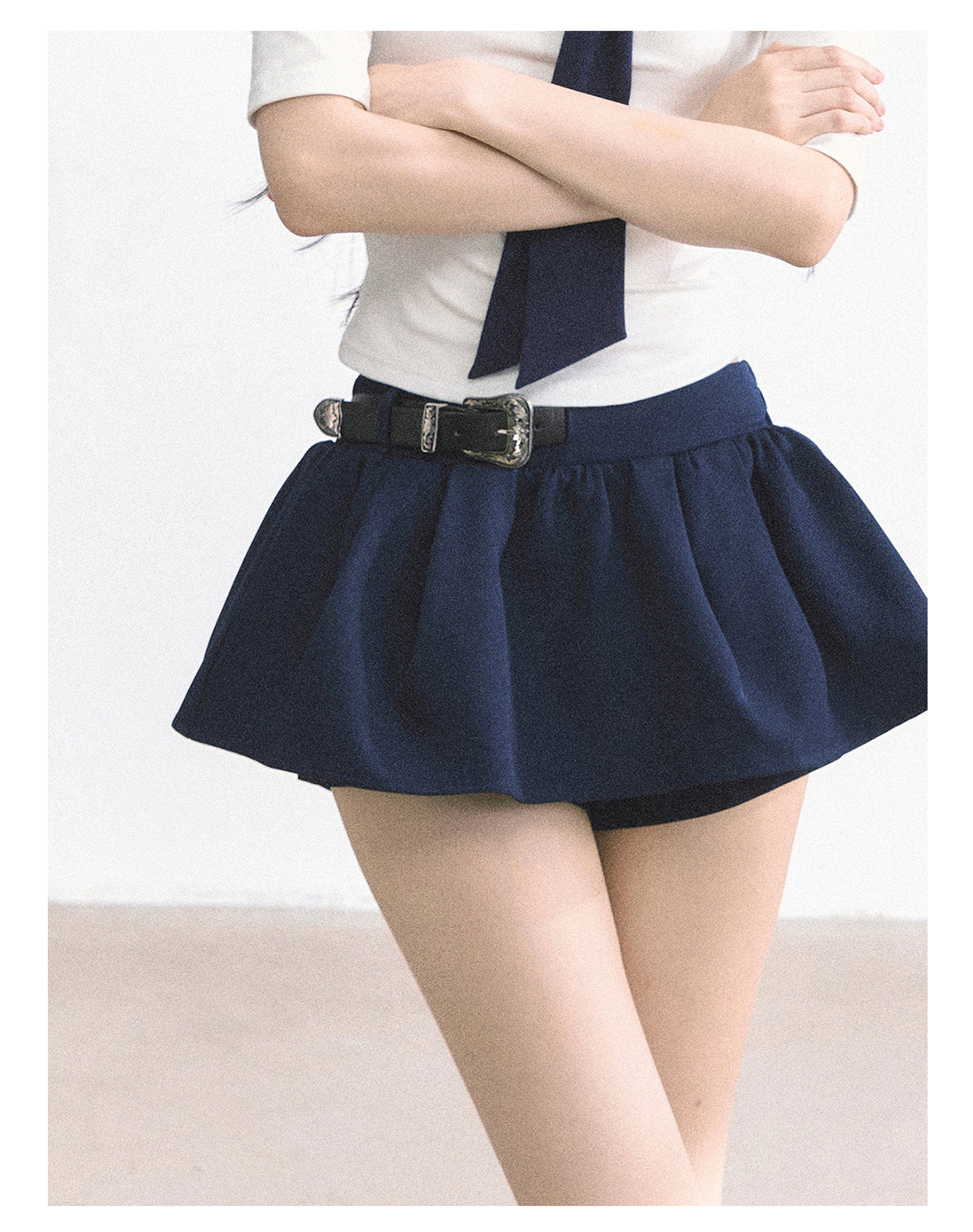 少也眼 "Annie Academy" A-Line Puff Mini Skirt - Navy Blue