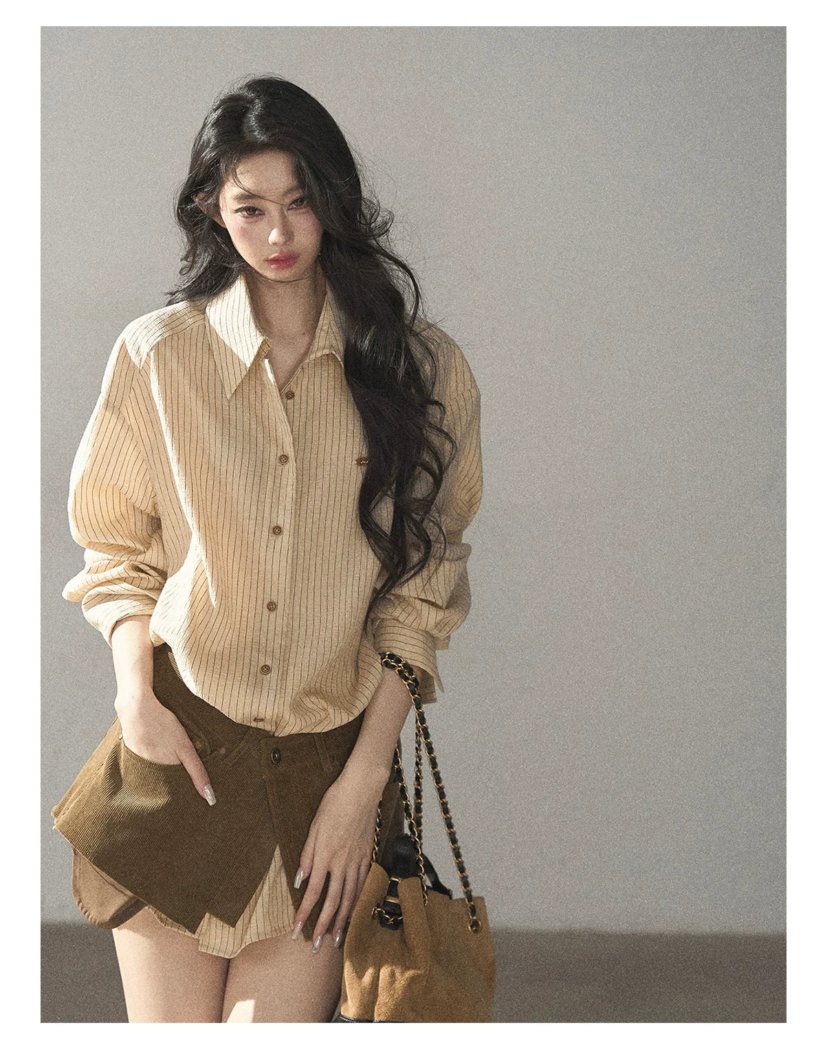 AOMALM - "Autumn Botanicals" Amber Yellow Striped Shirt & Wrap Faux Half-Skirt Set