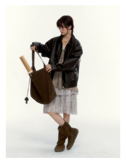 “Cloud Pleats” Chestnut Mist U-Neck Bow-Tie Puff Sleeve Knit Sweater