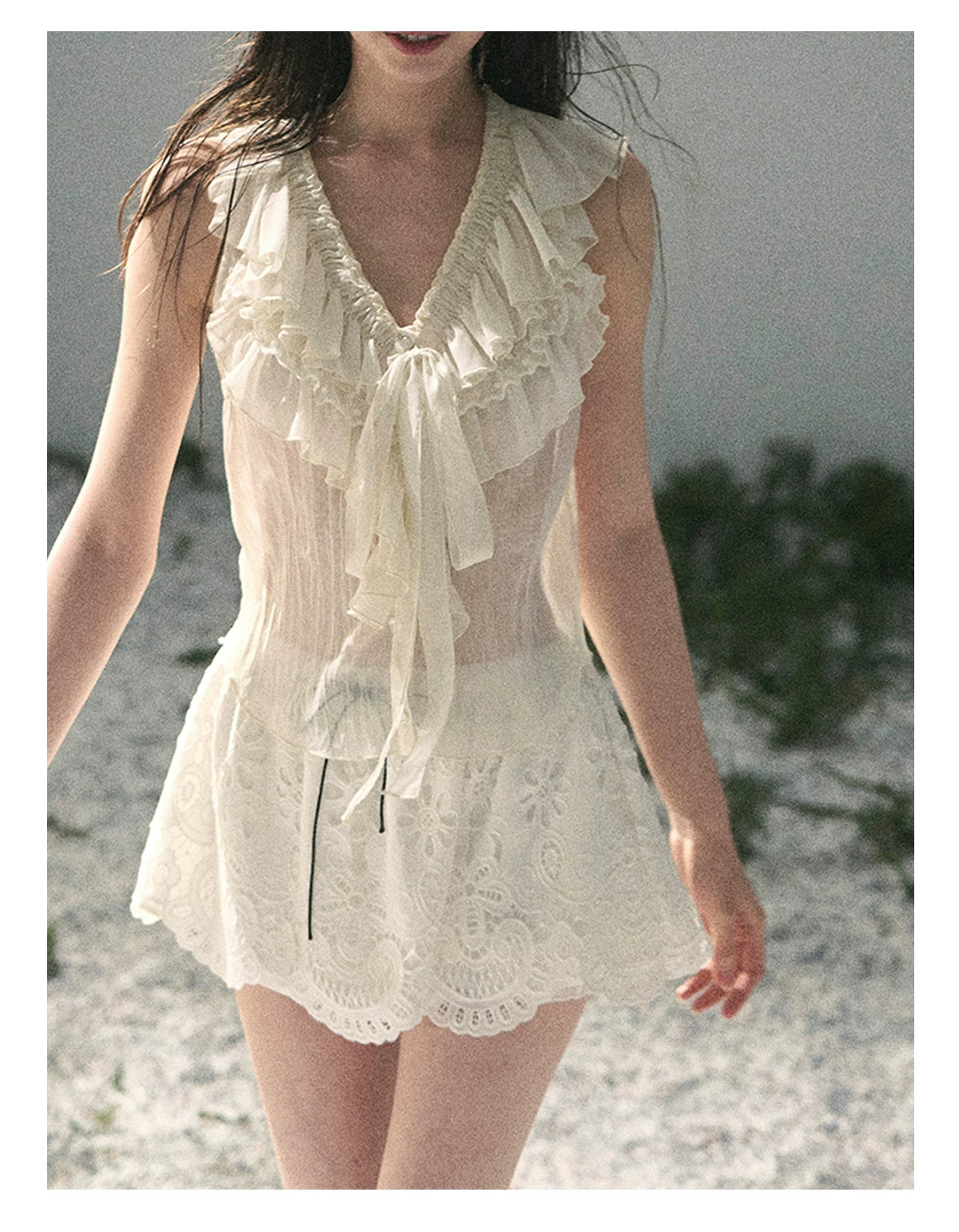 “Moonlight Through Sheer Veils” Ivory Ruffle Chiffon Blouse