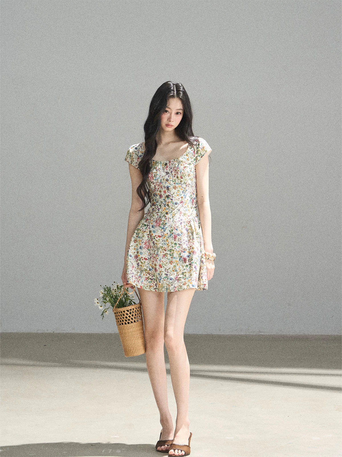 "Bloom in Full Glory" Dutch Cream Floral Puff Mini Dress