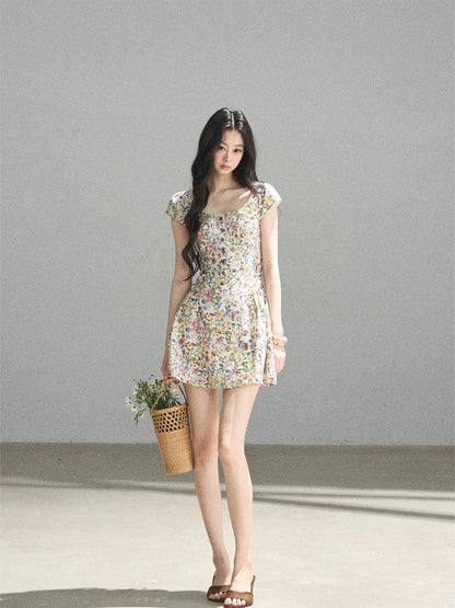 "Bloom in Full Glory" Dutch Cream Floral Puff Mini Dress