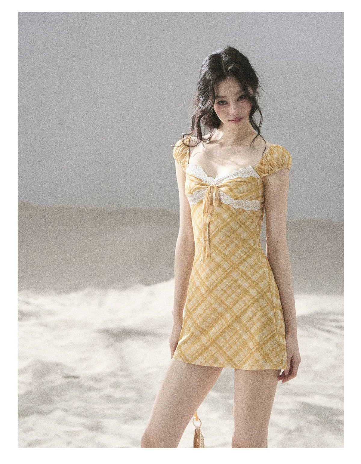 "Golden Wheat Whisper" Goose Yellow Lace Diamond Mini Dress