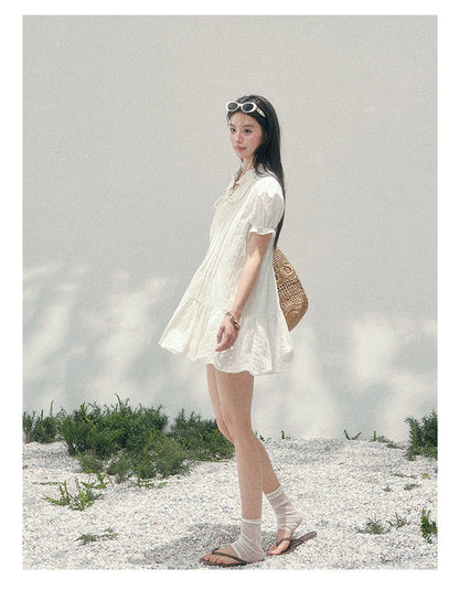 “Soft Pleats in Motion” Camellia White Bubble Mini Dress